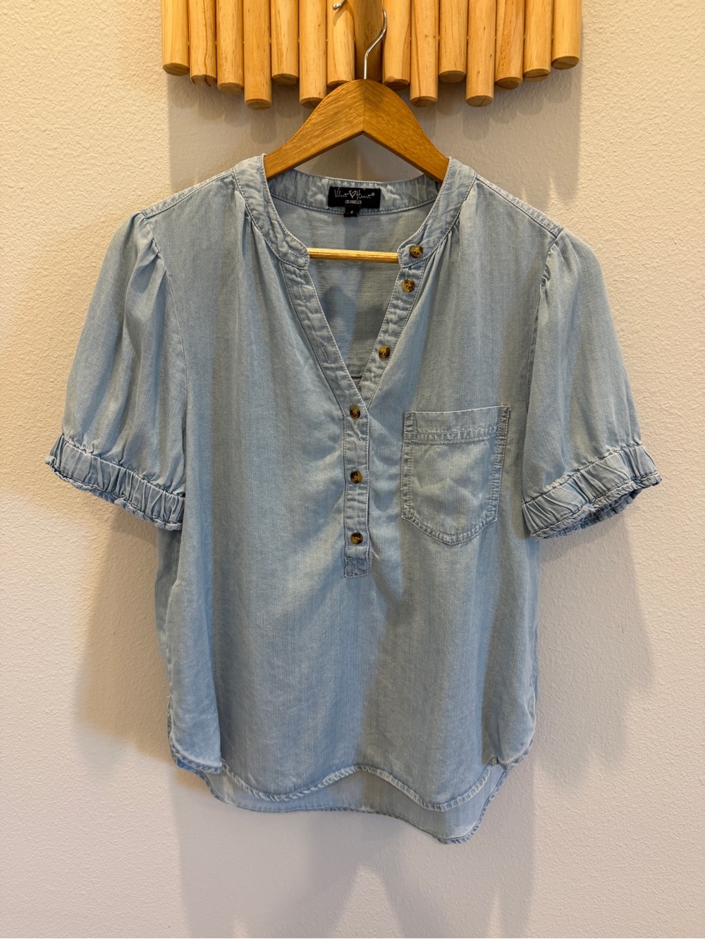 Velvet Heart Pale Blue Chambray Henley Puff Sleeve Blouse
